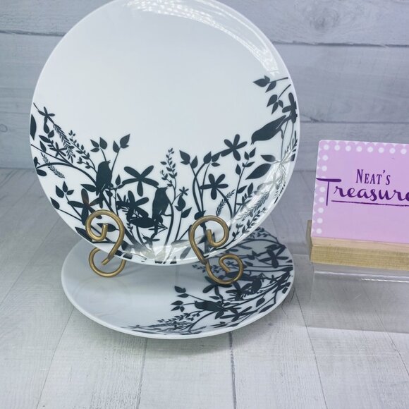 Smith And Hawken BLACK BIRDFloral White Ceramic Round Dinner Plates Set 2 New
